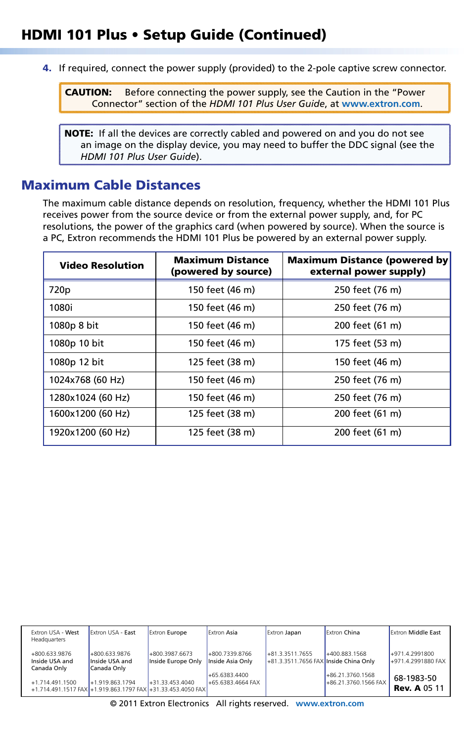 Maximum cable distances, Extron contact information, Hdmi 101 plus • setup guide (continued) | Extron Electronics HDMI 101 Plus Setup Guide User Manual | Page 2 / 2