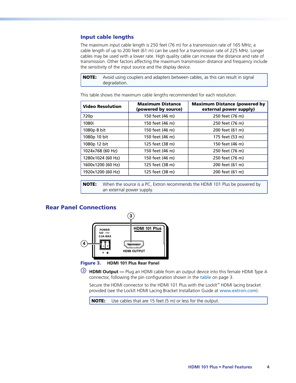 Rear panel connections, Input cable lengths, Table | Extron Electronics HDMI 101 Plus User Guide User Manual | Page 10 / 18