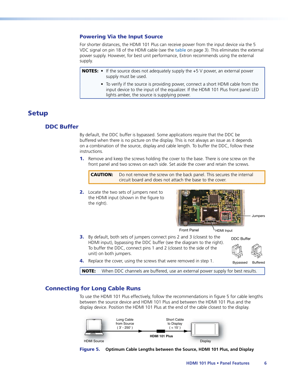 Setup, Ddc buffer, Connecting for long cable runs | Ddc buffer connecting for long cable runs, Powering via the input source | Extron Electronics HDMI 101 Plus User Guide User Manual | Page 12 / 18