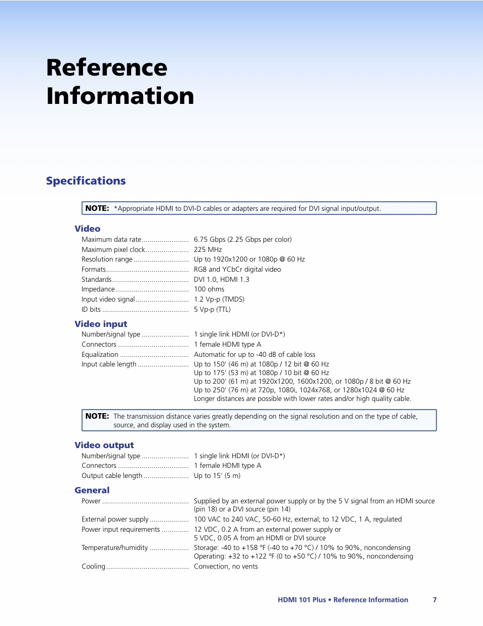 Reference information, Specifications | Extron Electronics HDMI 101 Plus User Guide User Manual | Page 13 / 18
