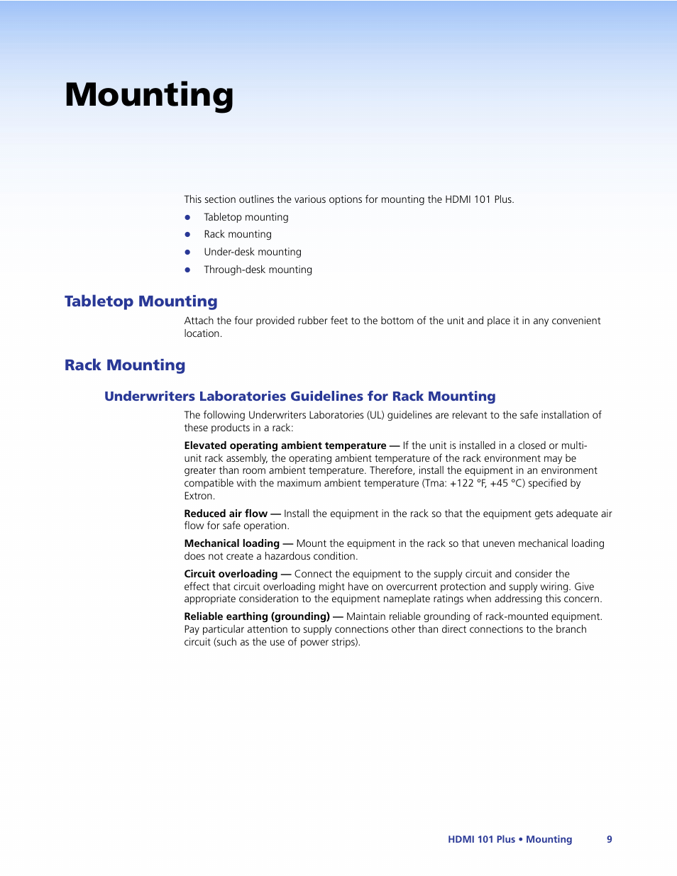 Mounting, Tabletop mounting, Rack mounting | Tabletop mounting rack mounting, Underwriters laboratories guidelines for | Extron Electronics HDMI 101 Plus User Guide User Manual | Page 15 / 18