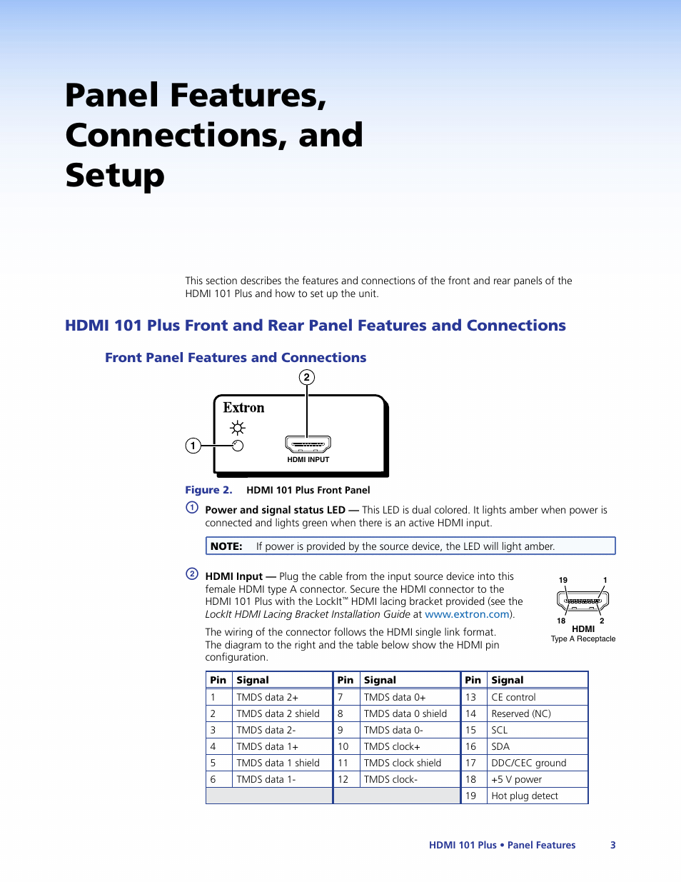 Panel features, connections, and setup, Front panel features and connections, Hdmi 101 plus front and rear panel features | And connections | Extron Electronics HDMI 101 Plus User Guide User Manual | Page 9 / 18