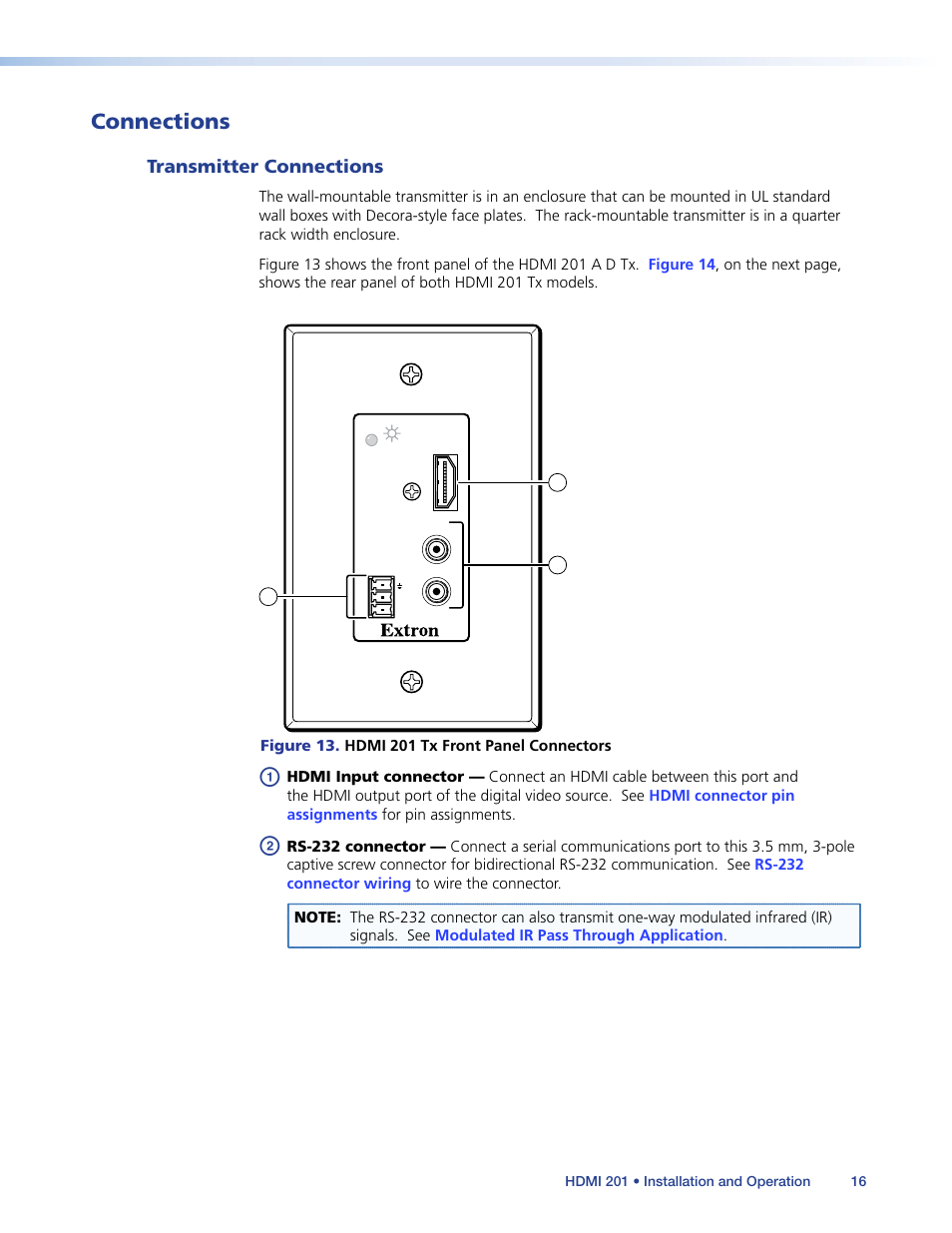 Connections, Transmitter connections, Ear of the unit. see | Ont panel devices (see | Extron Electronics HDMI 201 User Manual | Page 20 / 40