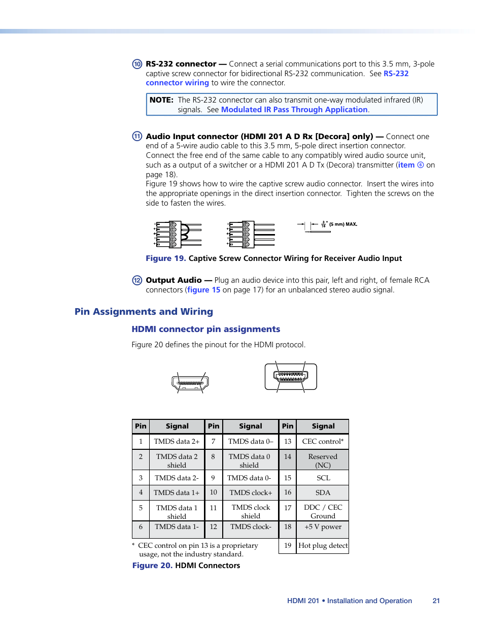 Pin assignments and wiring, Hdmi connector pin assignments, Ce. see | Hdmi connector pin, Assignments, For pin assignments, Item, Digital image. see | Extron Electronics HDMI 201 User Manual | Page 25 / 40