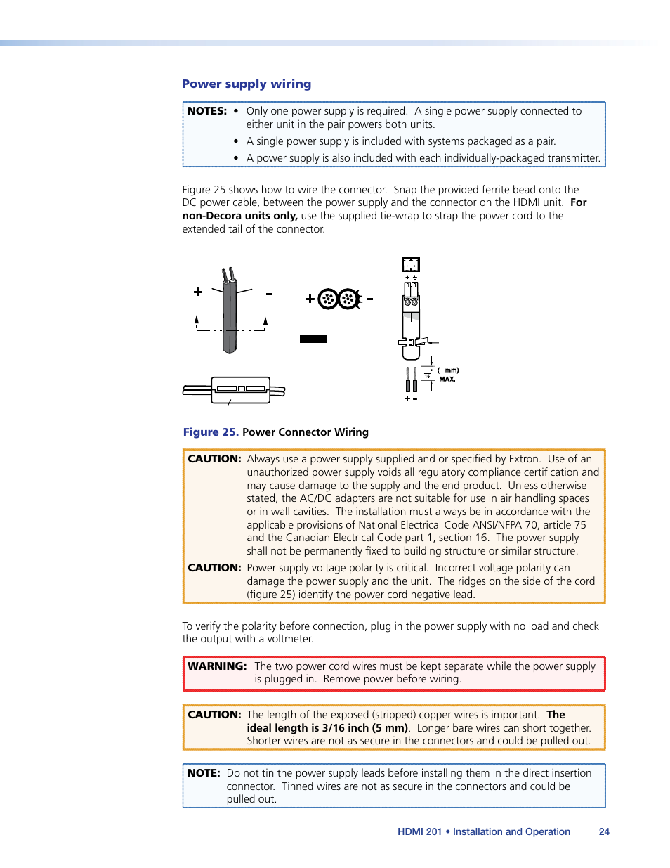 Power supply wiring | Extron Electronics HDMI 201 User Manual | Page 28 / 40