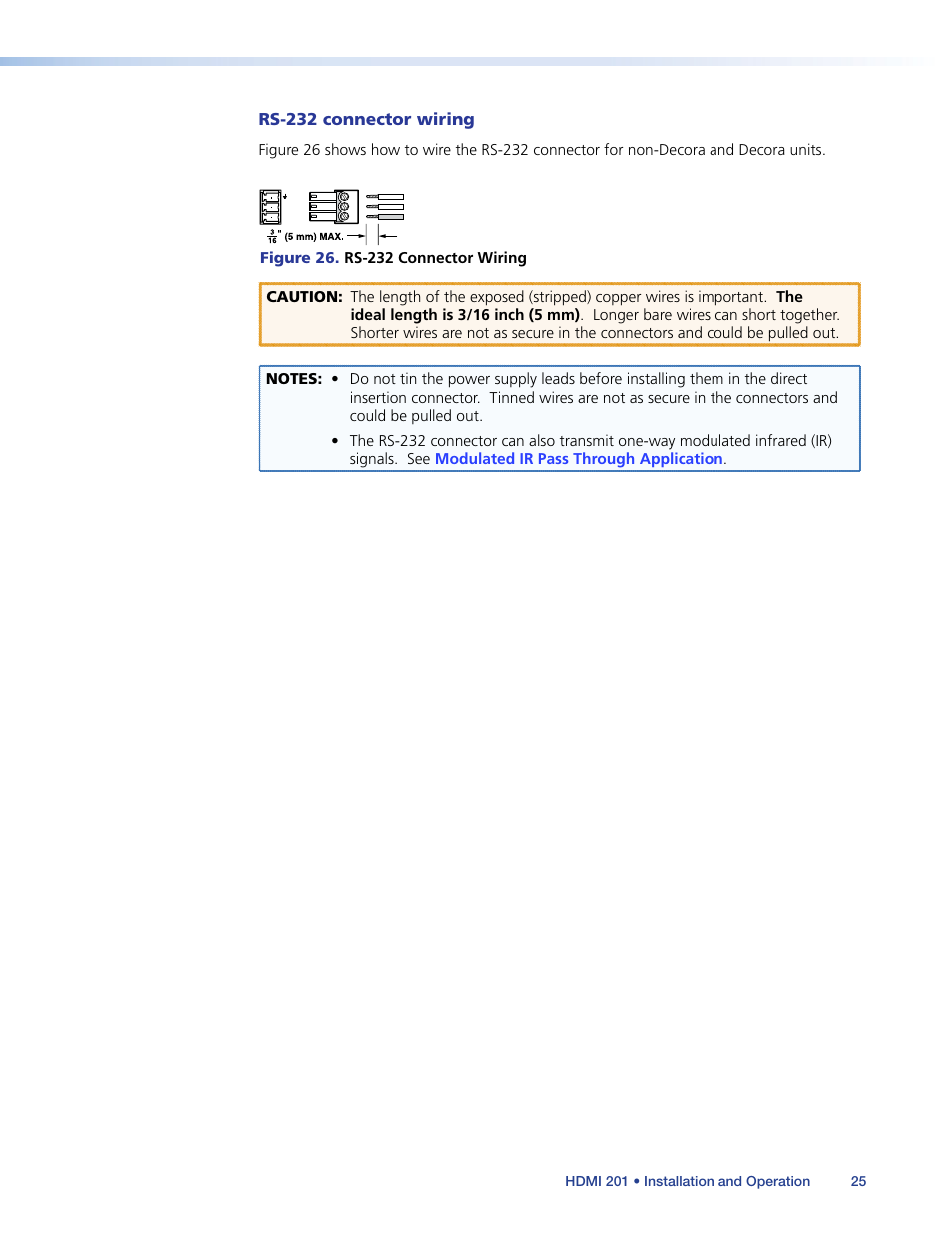 Rs-232 connector wiring, Ectional rs-232 communication. see, Rs-232 | Connector wiring | Extron Electronics HDMI 201 User Manual | Page 29 / 40