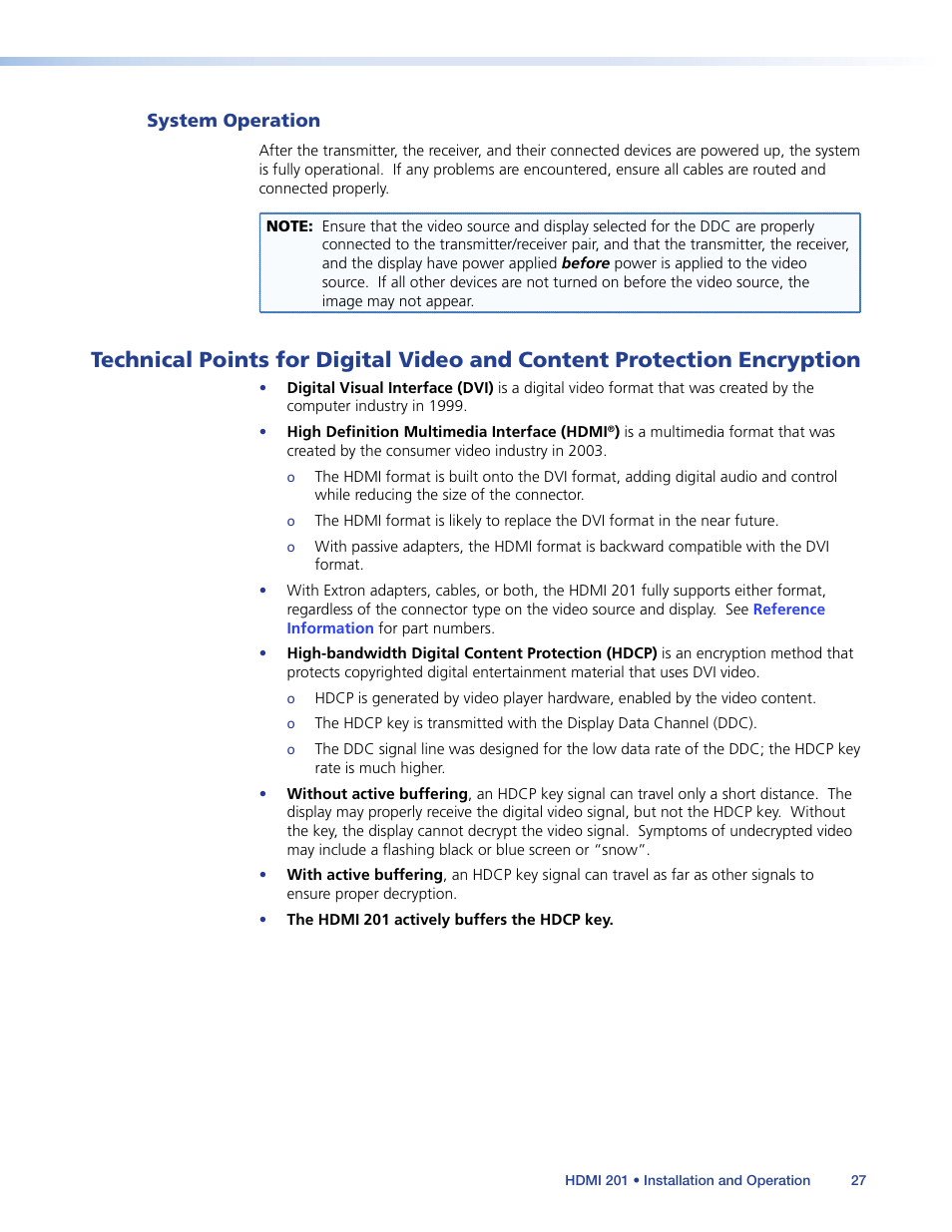System operation, Technical points for digital video, And content protection encryption | Extron Electronics HDMI 201 User Manual | Page 31 / 40