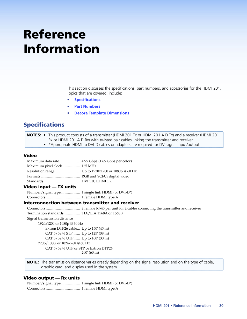 Reference information, Specifications | Extron Electronics HDMI 201 User Manual | Page 34 / 40