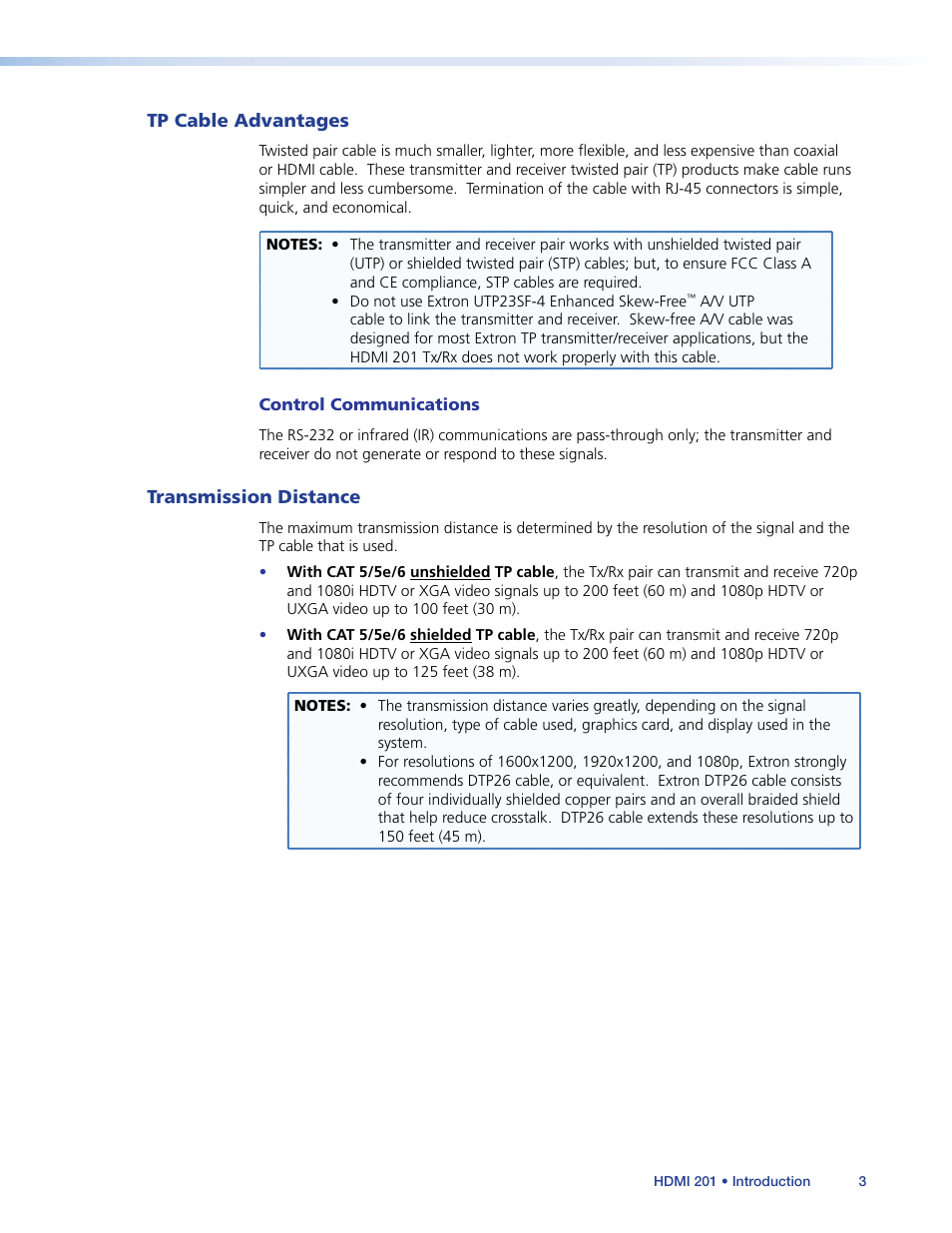 Tp cable advantages, Transmission distance, Tp cable advantages transmission distance | Extron Electronics HDMI 201 User Manual | Page 7 / 40