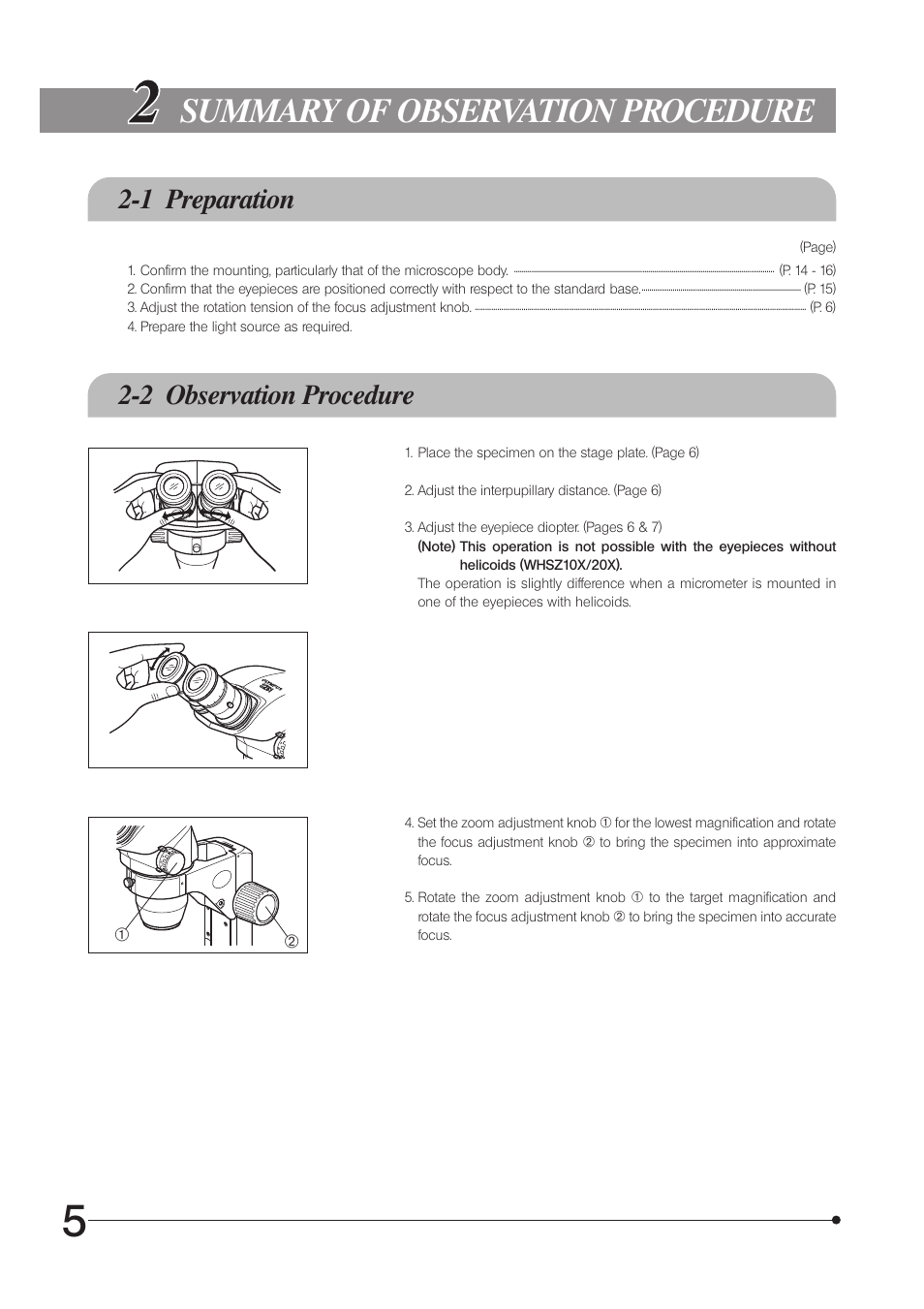 Summary of observation procedure, 1 preparation 2-2 observation procedure | Olympus SZ61 User Manual | Page 8 / 28