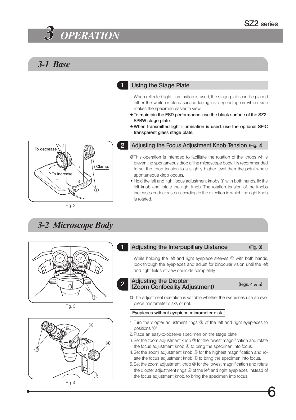 Operation, 1 base, 2 microscope body | Olympus SZ61 User Manual | Page 9 / 28
