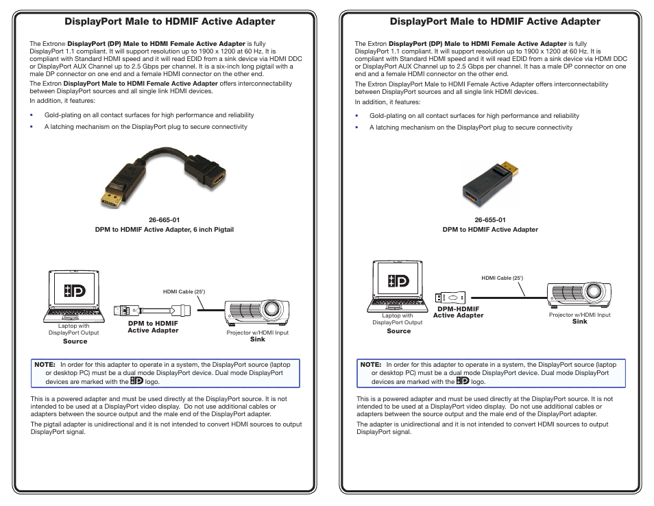 Extron Electronics DisplayPort Male to HDMIF Active Adapter User Manual | 2 pages