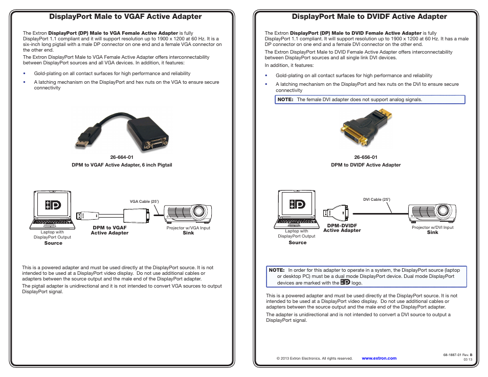 Displayport male to vgaf active adapter, Displayport male to dvidf active adapter | Extron Electronics DisplayPort Male to HDMIF Active Adapter User Manual | Page 2 / 2