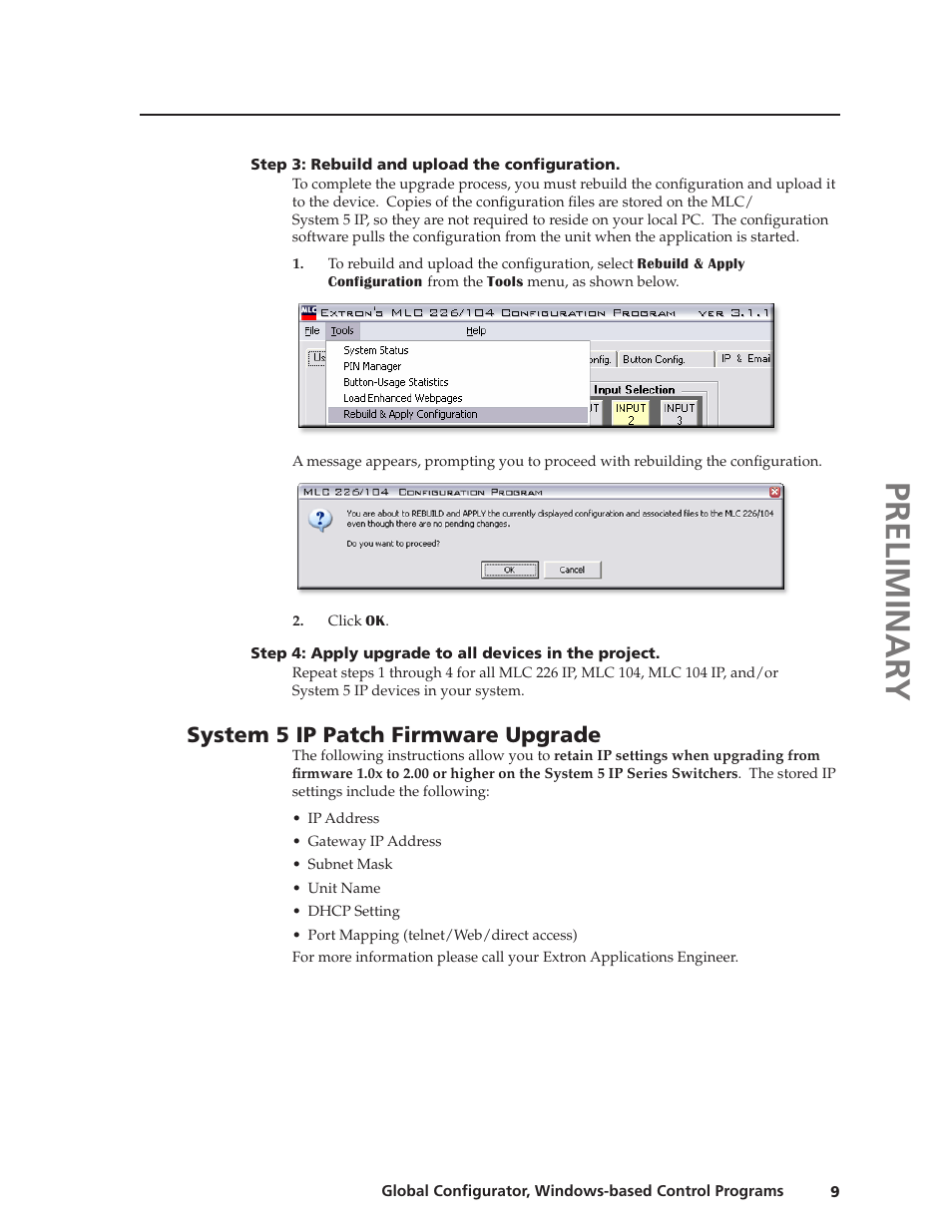 System 5 ip patch, Firmware upgrade, Section | Preliminar y | Extron Electronics Global Conﬁgurator 2.2 User Manual | Page 10 / 16