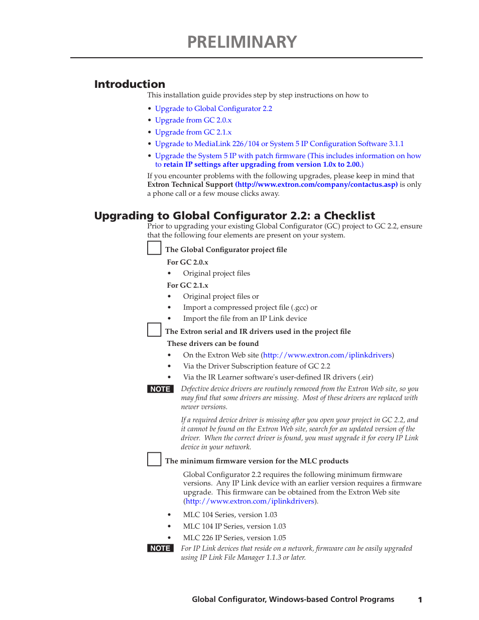Preliminar y, Preliminary, Introduction | Upgrading to global configurator 2.2: a checklist | Extron Electronics Global Conﬁgurator 2.2 User Manual | Page 2 / 16