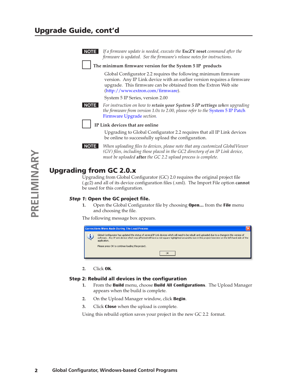 Upgrade from gc 2.0.x, Preliminar y, Upgrade guide, cont’d | Upgrading from gc 2.0.x | Extron Electronics Global Conﬁgurator 2.2 User Manual | Page 3 / 16