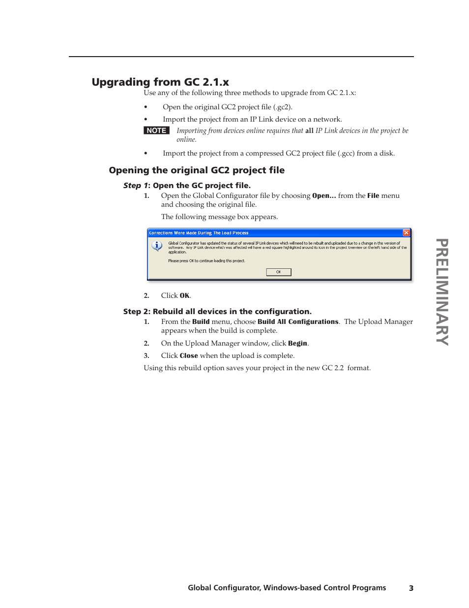 Upgrade from gc 2.1.x, Preliminar y, Upgrading from gc 2..x | Extron Electronics Global Conﬁgurator 2.2 User Manual | Page 4 / 16