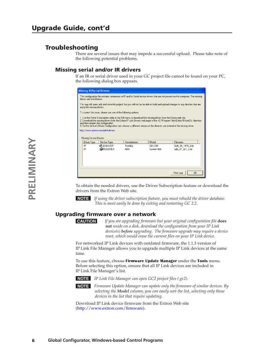 Preliminar y, Upgrade guide, cont’d, Troubleshooting | Extron Electronics Global Conﬁgurator 2.2 User Manual | Page 7 / 16