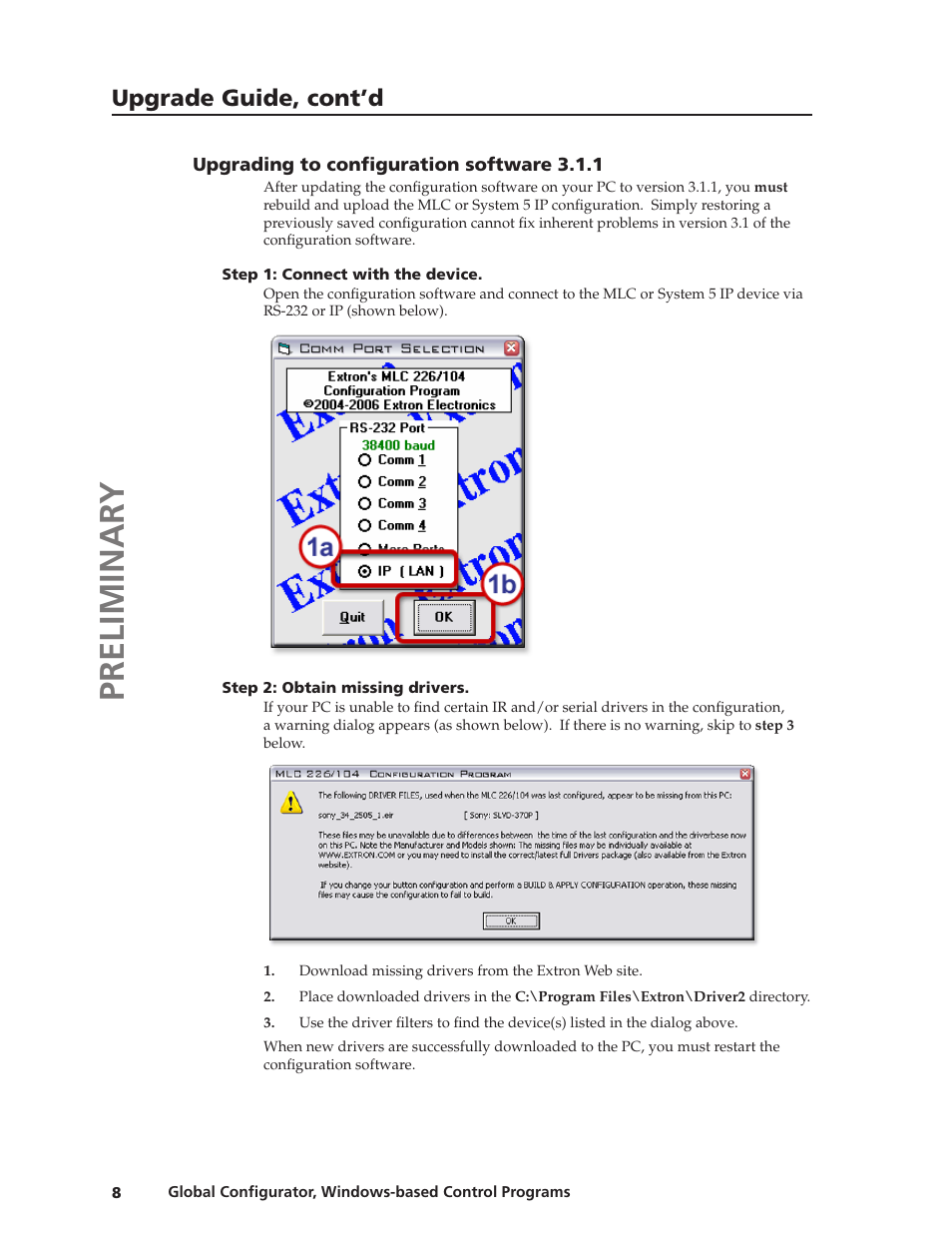 Preliminar y, Upgrade guide, cont’d | Extron Electronics Global Conﬁgurator 2.2 User Manual | Page 9 / 16