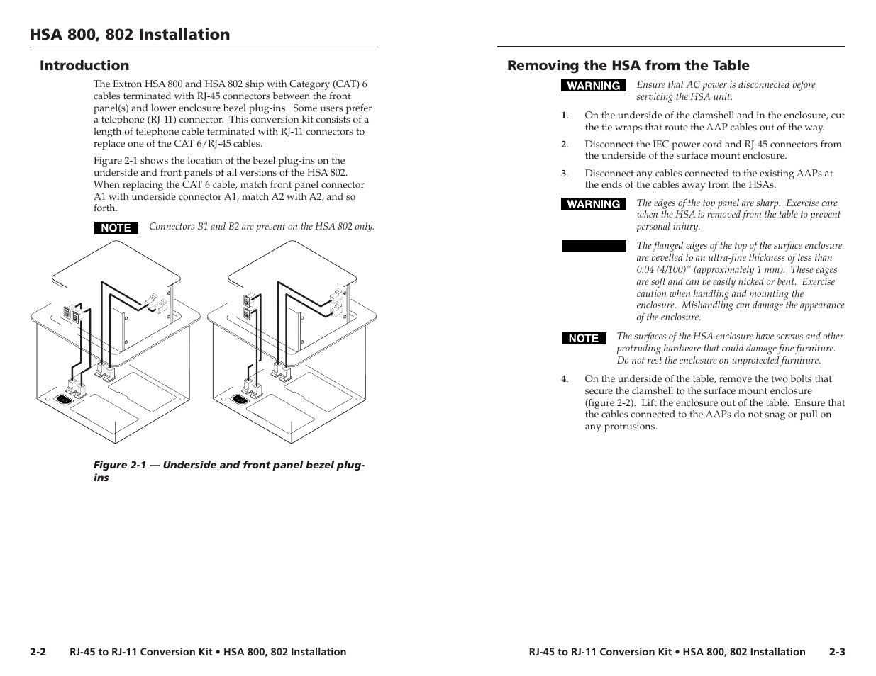 Removing the hsa from the table, Introduction | Extron Electronics RJ-11 User Manual | Page 10 / 13