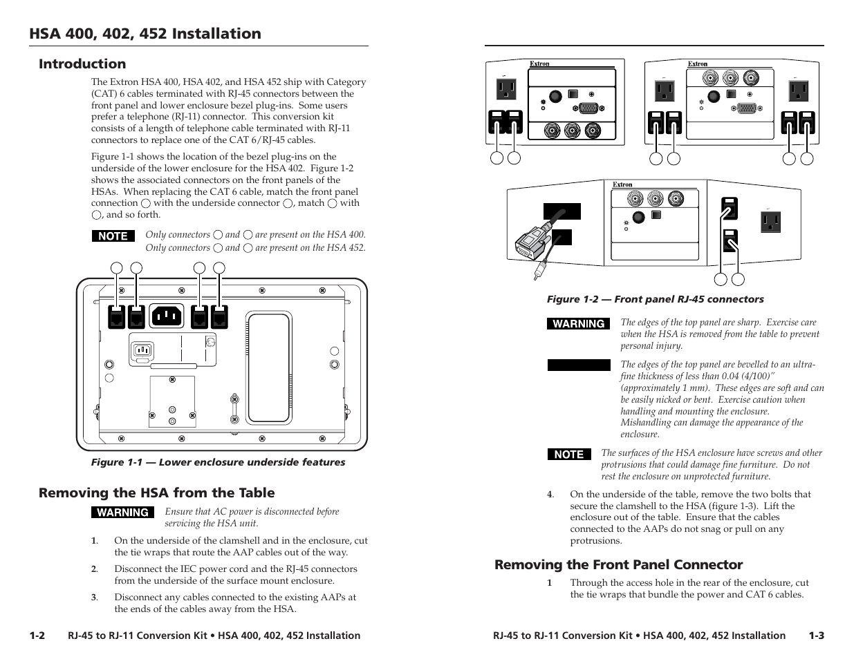 Introduction, Removing the hsa from the table, Removing the front panel connector | Extron Electronics RJ-11 User Manual | Page 5 / 13