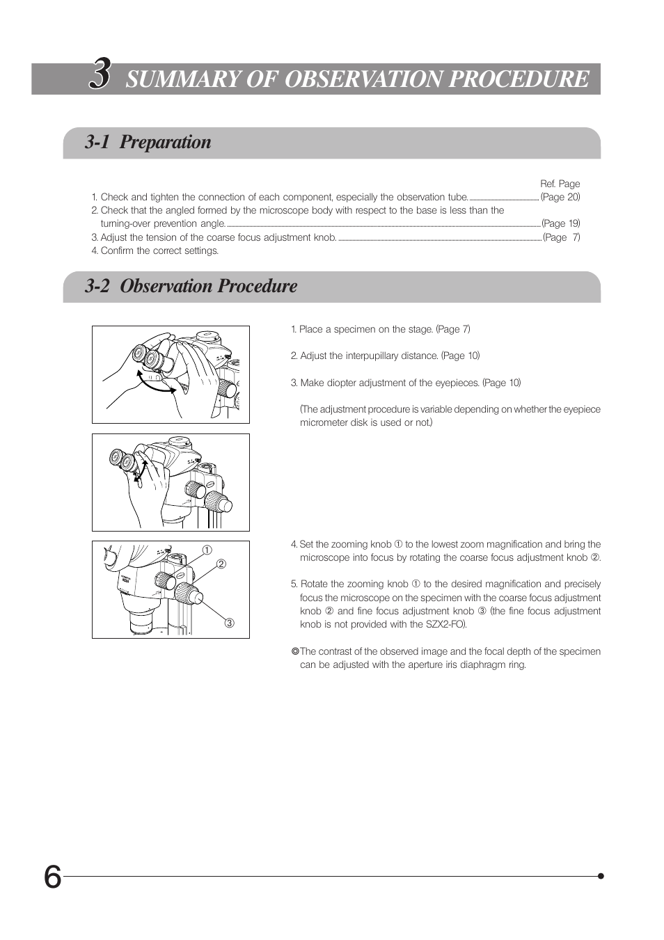 Summary of observation procedure, 1 preparation, 2 observation procedure | Olympus SZX16 User Manual | Page 10 / 36