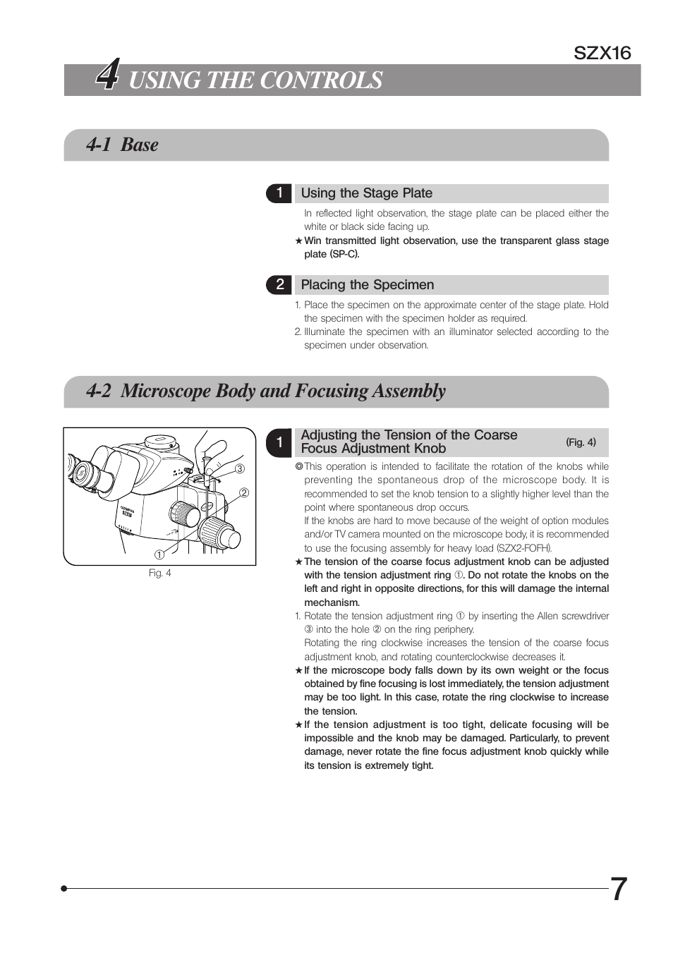 Using the controls, 1 base, 2 microscope body and focusing assembly | Szx16 | Olympus SZX16 User Manual | Page 11 / 36
