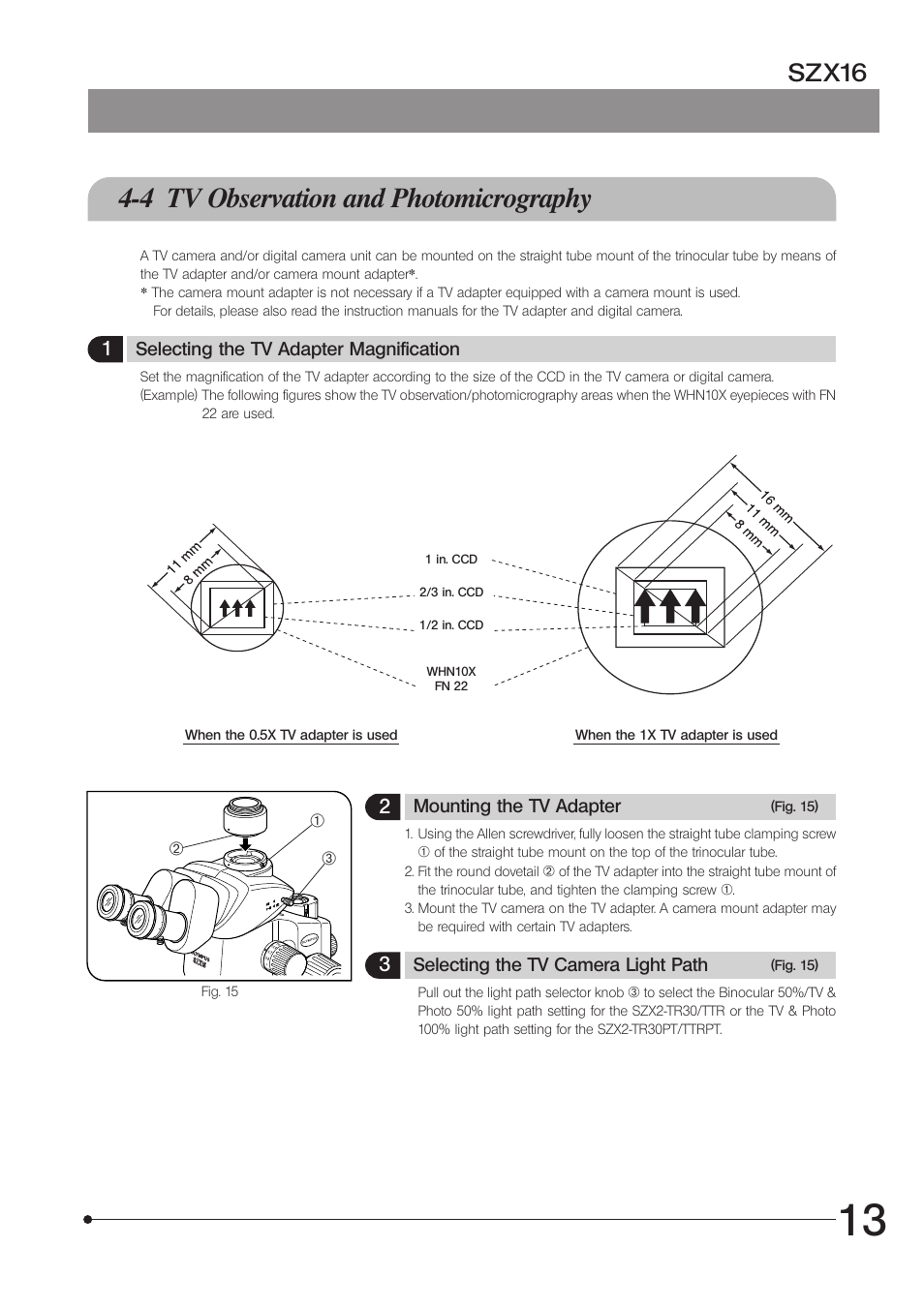 4 tv observation and photomicrography, Szx16 | Olympus SZX16 User Manual | Page 17 / 36