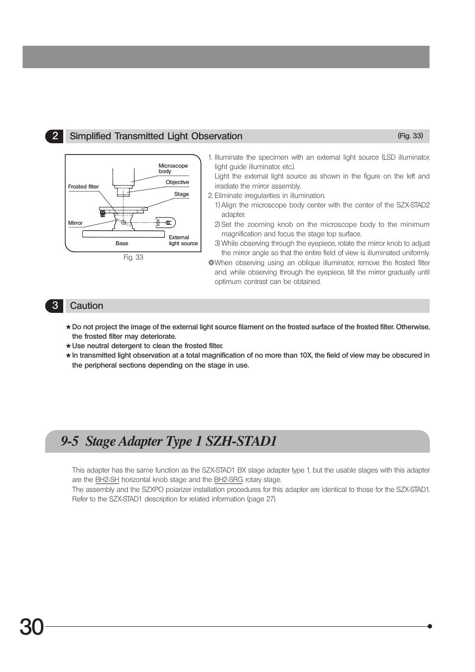 5 stage adapter type 1 szh-stad1, Simplified transmitted light observation, Caution | Olympus SZX16 User Manual | Page 34 / 36