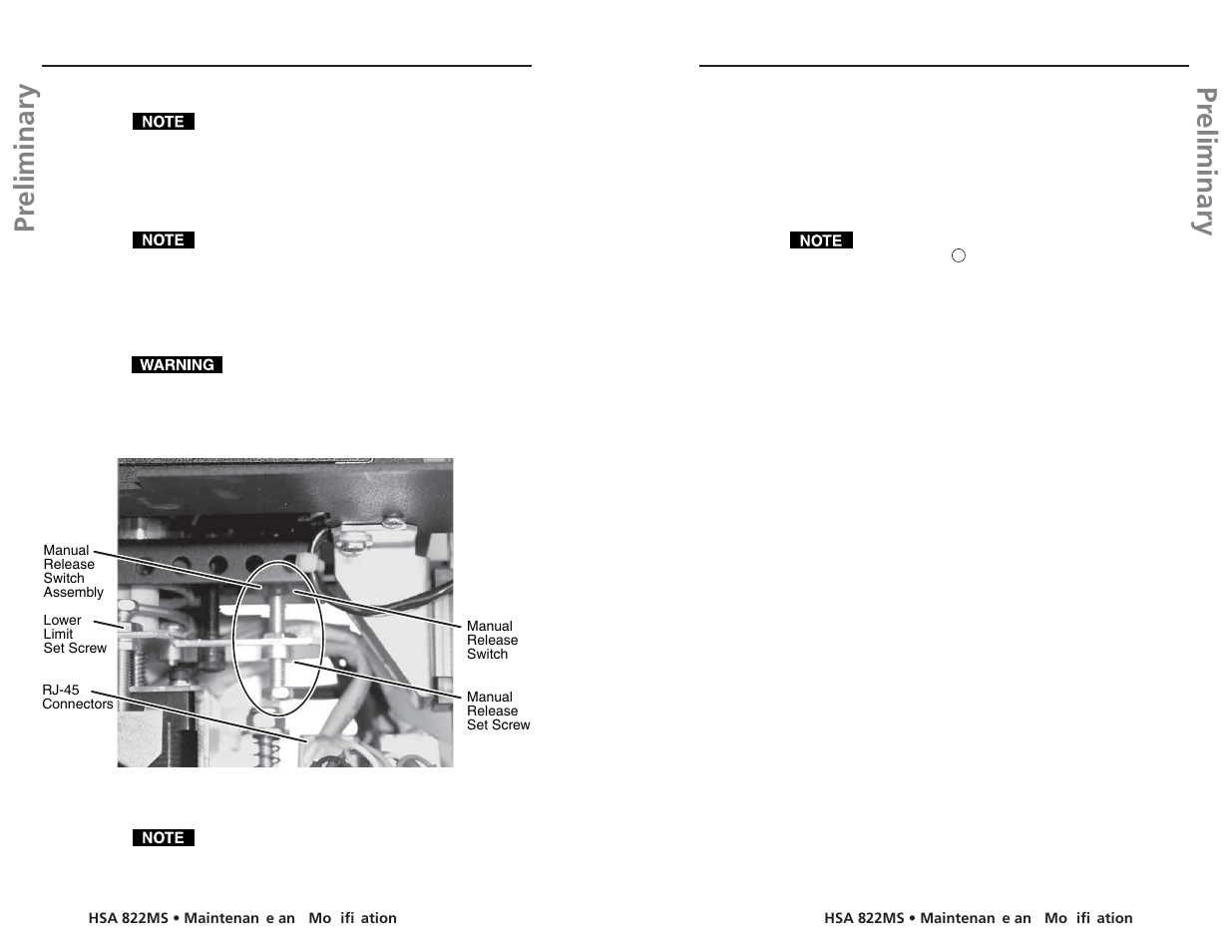Pr eliminary pr eliminary, Maintenance and modifications, cont’d, Setting the manual release switch | Extron Electronics HSA 822MS User’s Manual User Manual | Page 24 / 35