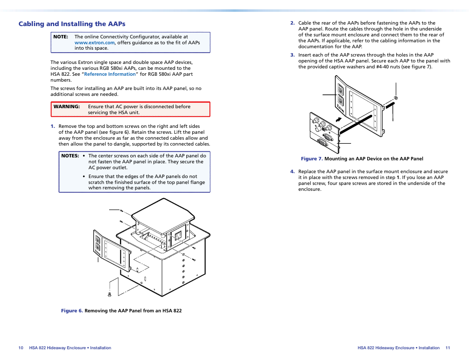 Cabling and installing the aaps, Panel of the enclosure. see, Hsa 822 | Extron Electronics HSA 822 User Guide User Manual | Page 10 / 23