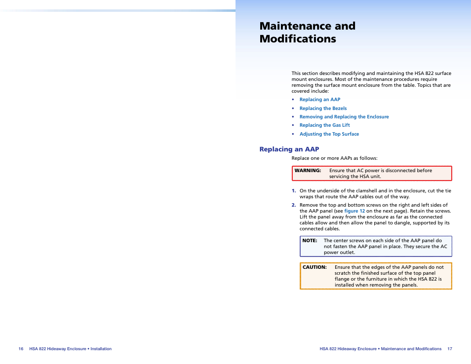 Maintenance and modifications, Replacing an aap | Extron Electronics HSA 822 User Guide User Manual | Page 13 / 23