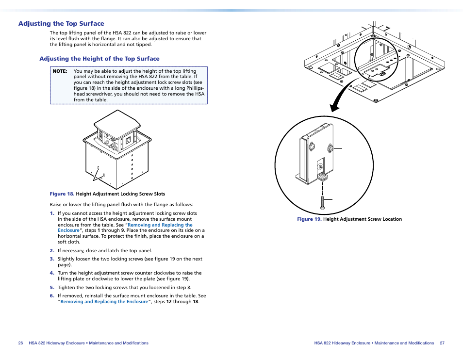 Adjusting the top surface, Adjusting the height of the top surface, Flange, adjust the top surface. see | Com pute r inpu t sele ct aud io | Extron Electronics HSA 822 User Guide User Manual | Page 18 / 23