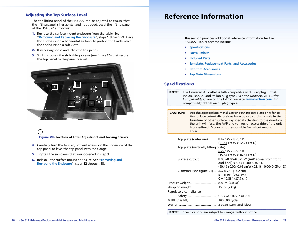 Adjusting the top surface level, Reference information, Specifications | Extron Electronics HSA 822 User Guide User Manual | Page 19 / 23