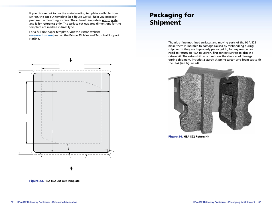 Packaging forshipment, Packaging for shipment, Reference | Information, And a sabre saw or keyhole saw, Hsa 822 | Extron Electronics HSA 822 User Guide User Manual | Page 21 / 23