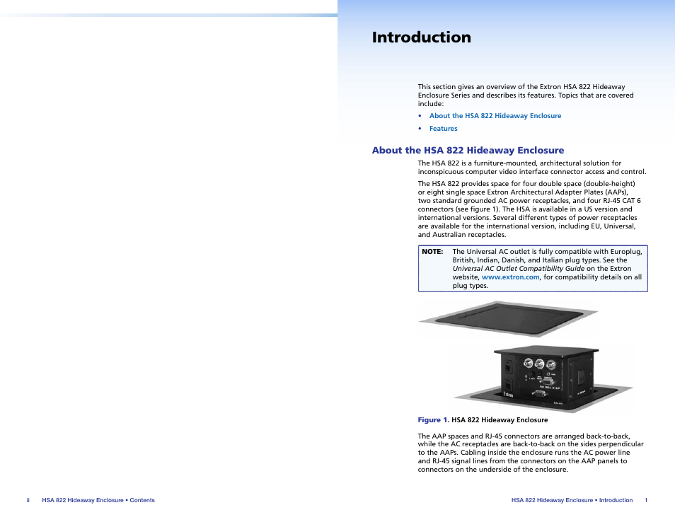 Introduction, About the hsa 822 hideaway enclosure, About the hsa 822 | Hideaway enclosure | Extron Electronics HSA 822 User Guide User Manual | Page 5 / 23