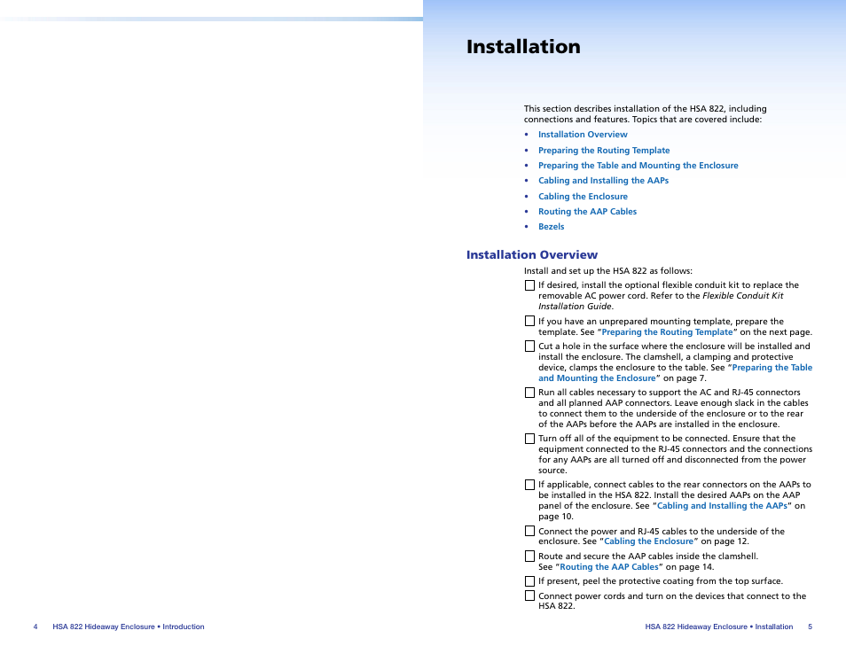 Installation, Installation overview | Extron Electronics HSA 822 User Guide User Manual | Page 7 / 23