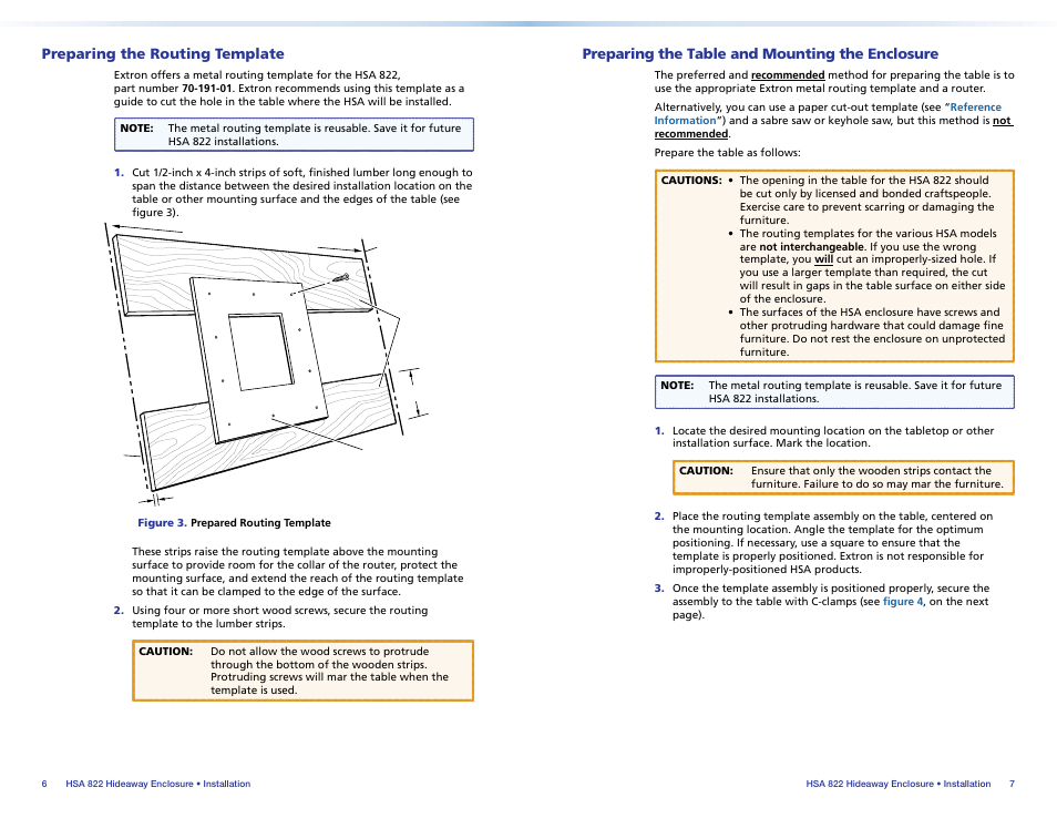 Preparing the routing template, Preparing the table and mounting the enclosure, Mounting the enclosure | Preparing the table, And mounting the enclosure | Extron Electronics HSA 822 User Guide User Manual | Page 8 / 23