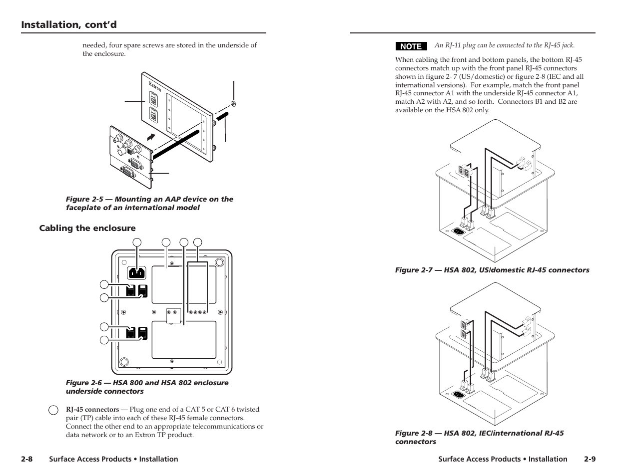 Installation, cont’d, Cabling the enclosure | Extron Electronics HSA 802 User Guide User Manual | Page 10 / 25