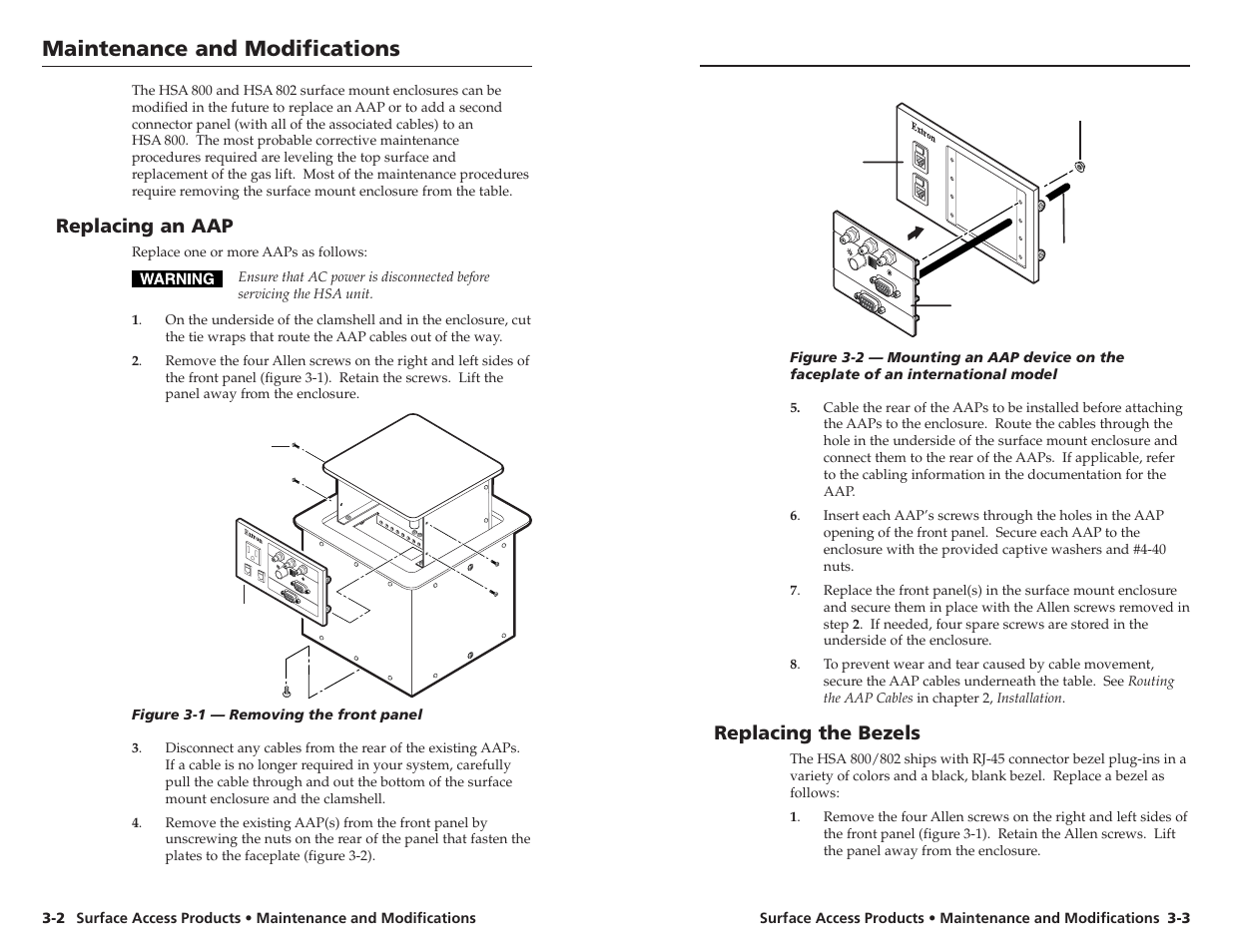 Maintenance and modifications, Replacing an aap, Replacing the bezels | Extron Electronics HSA 802 User Guide User Manual | Page 13 / 25
