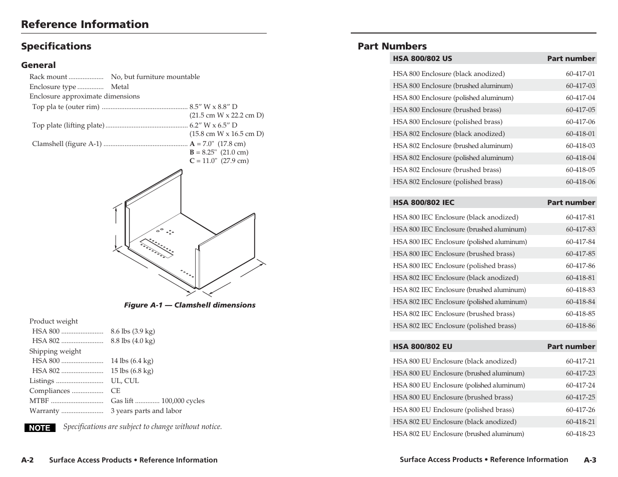 Reference information, Specifications, Part numbers | Extron Electronics HSA 802 User Guide User Manual | Page 19 / 25