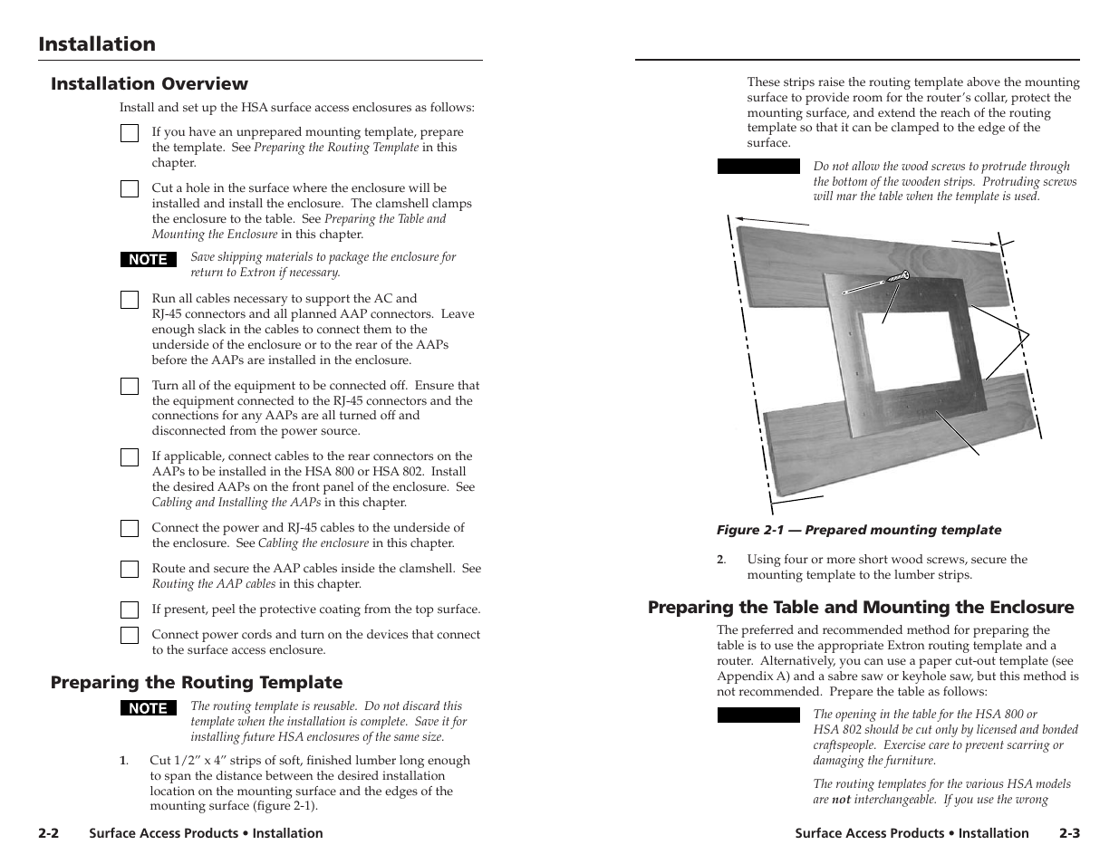 Installation, Preparing the table and mounting the enclosure, Installation overview | Preparing the routing template | Extron Electronics HSA 802 User Guide User Manual | Page 7 / 25