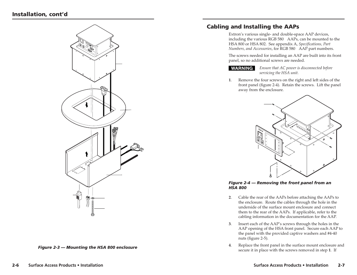 Installation, cont’d, Cabling and installing the aaps, Co mpu ter inp ut sel ect au dio | Extron Electronics HSA 802 User Guide User Manual | Page 9 / 25