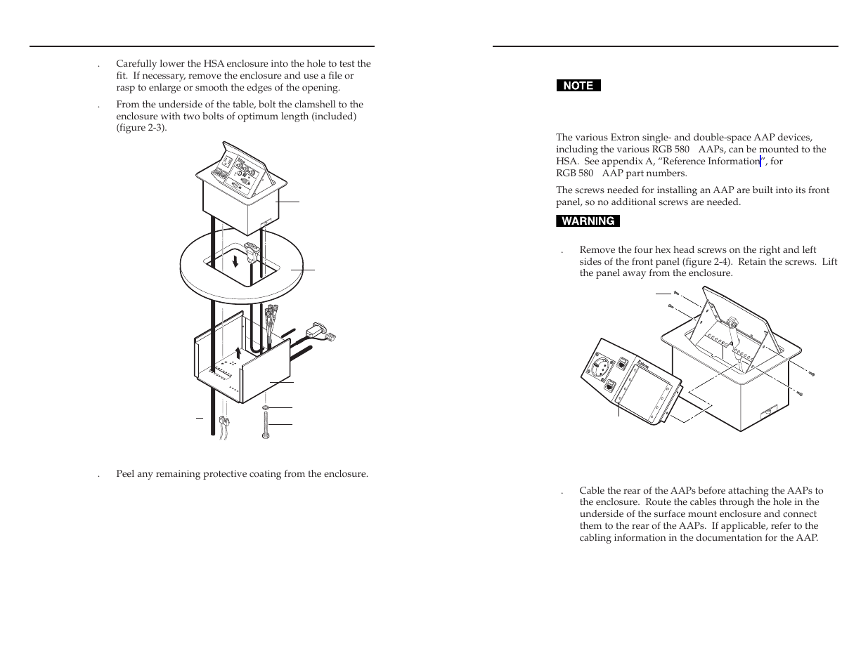 Cabling and installing the aaps, Installing the aaps” in this chapter, Installation, cont’d | Extron Electronics HSA 400 & HSA 402 User Guide User Manual | Page 10 / 28