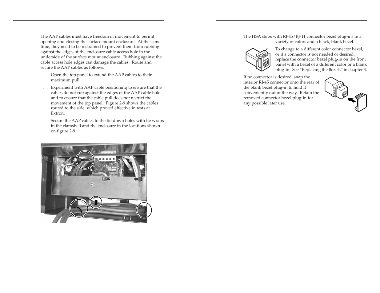 Routing the aap cables, Bezels, See “routing the aap cables” in this chapter | Installation, cont’d routing the aap cables | Extron Electronics HSA 400 & HSA 402 User Guide User Manual | Page 13 / 28