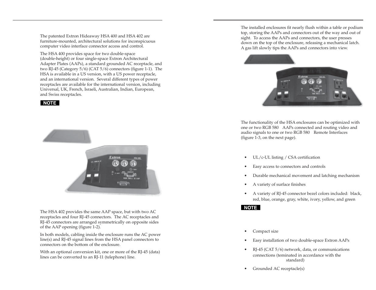 About the hideaway® surface access products, Features, About the hideaway surface access products | Introduction, About the hideaway, Surface access products | Extron Electronics HSA 400 & HSA 402 User Guide User Manual | Page 6 / 28