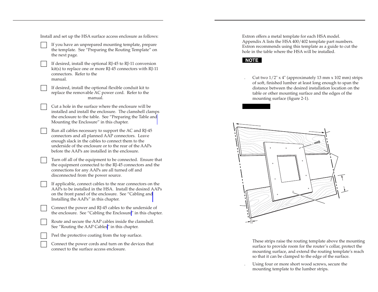 Installation overview, Preparing the routing template, Installation | Extron Electronics HSA 400 & HSA 402 User Guide User Manual | Page 8 / 28
