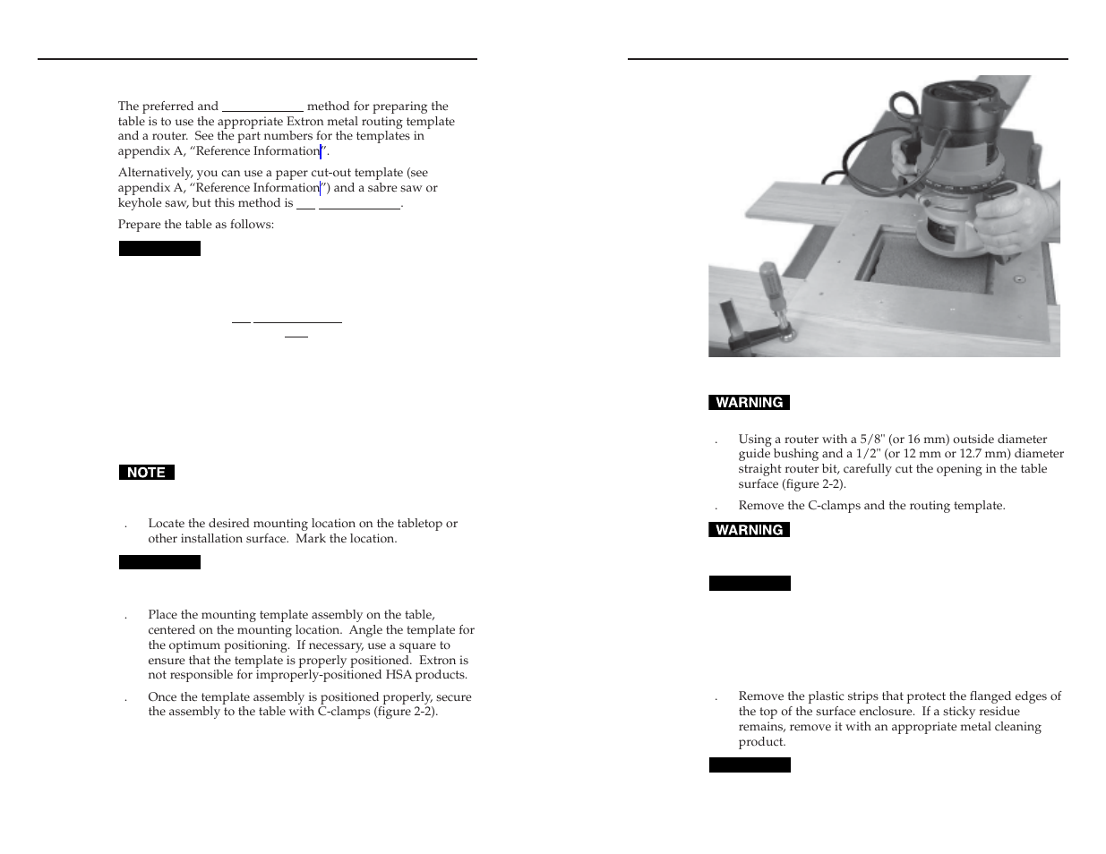 Preparing the table and mounting the enclosure, Mounting the enclosure” in this chapter, Installation, cont’d | Extron Electronics HSA 400 & HSA 402 User Guide User Manual | Page 9 / 28