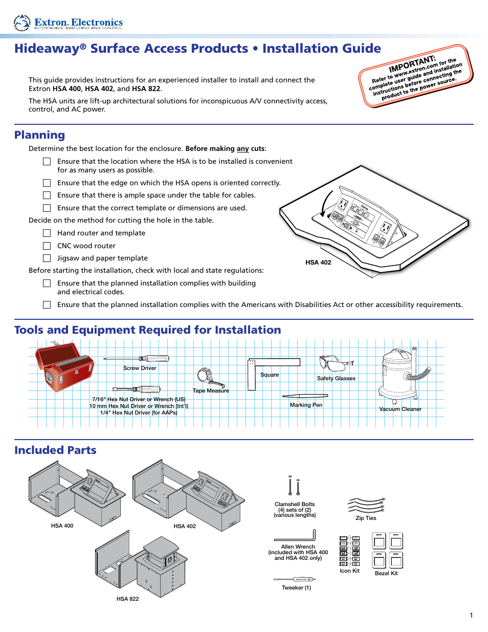 Extron Electronics Hideaway Surface Access Products User Manual | 4 pages