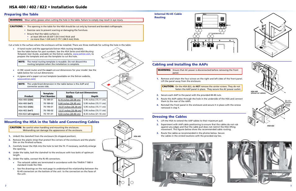 Preparing the table, Cabling and installing the aaps, Dressing the cables | Internal rj-45 cable routing, Warning, Cautions, Caution | Extron Electronics Hideaway Surface Access Products User Manual | Page 2 / 4